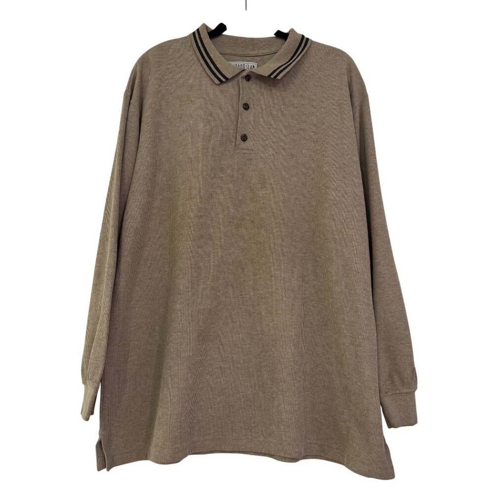 Vintage Grand Slam Men's Tan Rib Cuffs Knit Collared Cotton Blend Long Sleeve XL